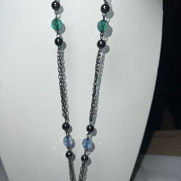 Gunmetal and Crystal Long Fringe Statement Necklace - Picture 8 of 11